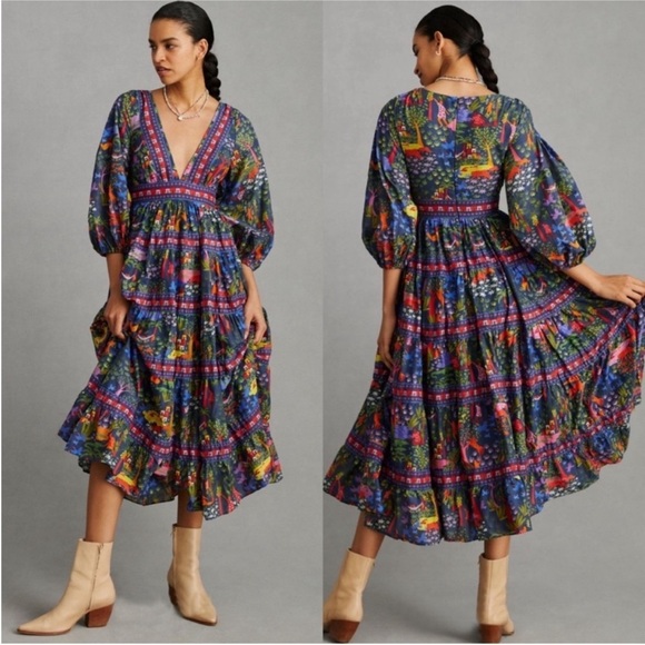 FARM Rio Dresses & Skirts - FARM Rio Animal Utopia Floral Jungle Print Puff Sleeve Midi Dress XS NWT